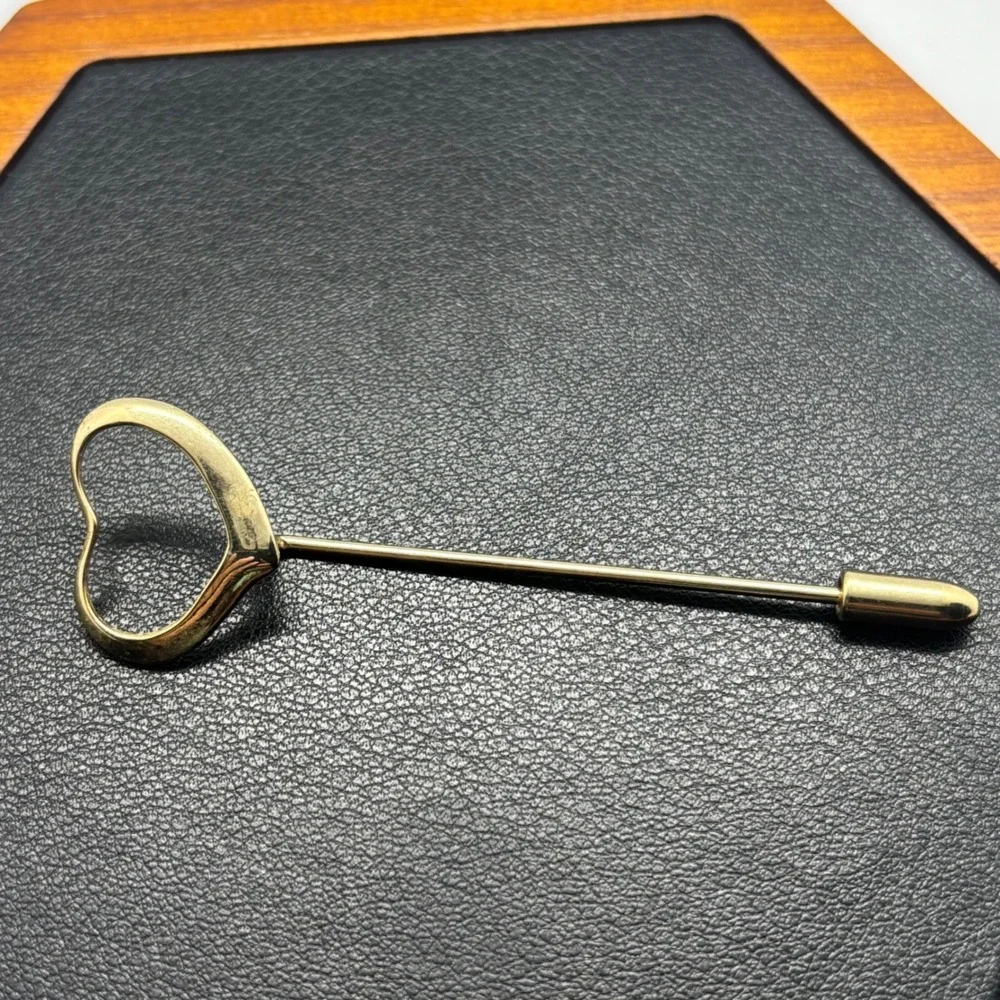 Gold Tone Open Heart Stick Pin Minimalist Lapel Scarf Tie Pin Accessory